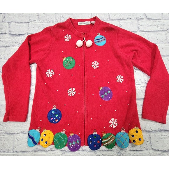 Vintage Victoria Jones Small Christmas Ornament Cardigan Sweater Sequin Beaded S - Picture 1 of 16